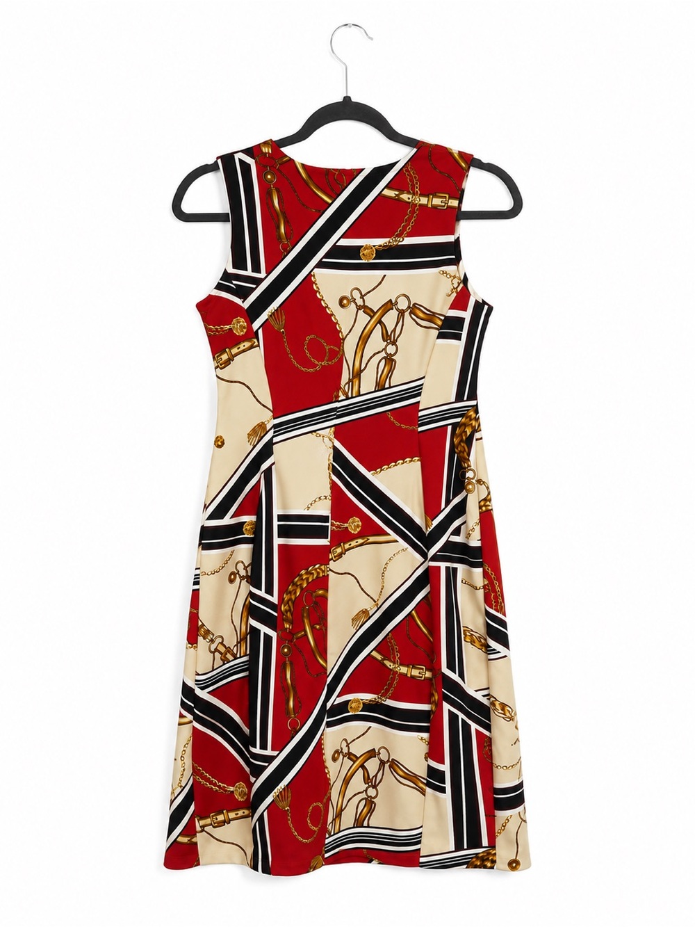 Sleeveless Geometric Chain-Print Dress in Red and Cream